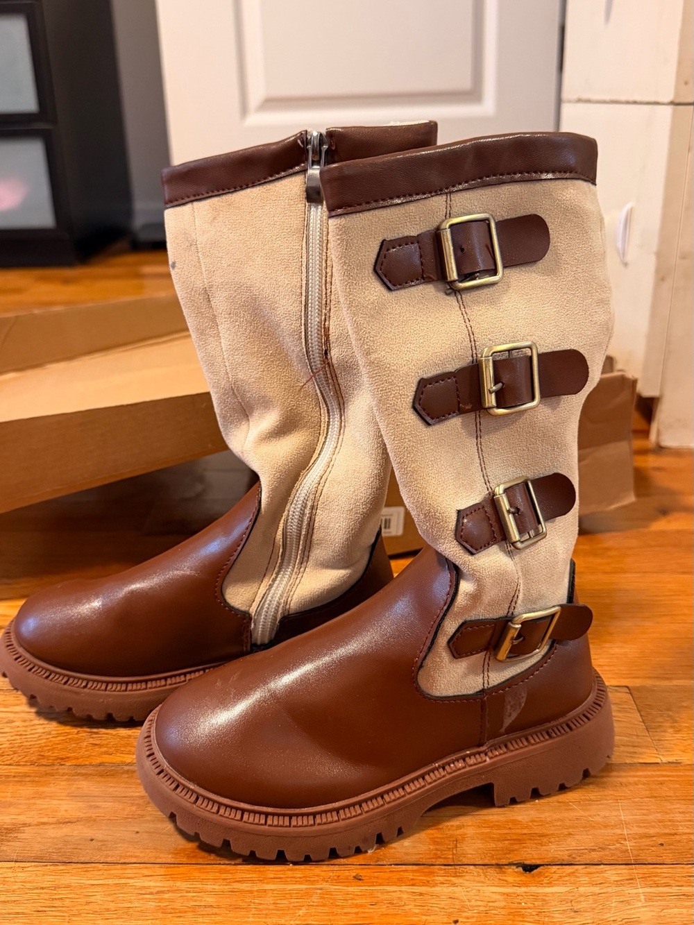 Two-Tone Brown & Cream Buckle Mid-Calf Boots